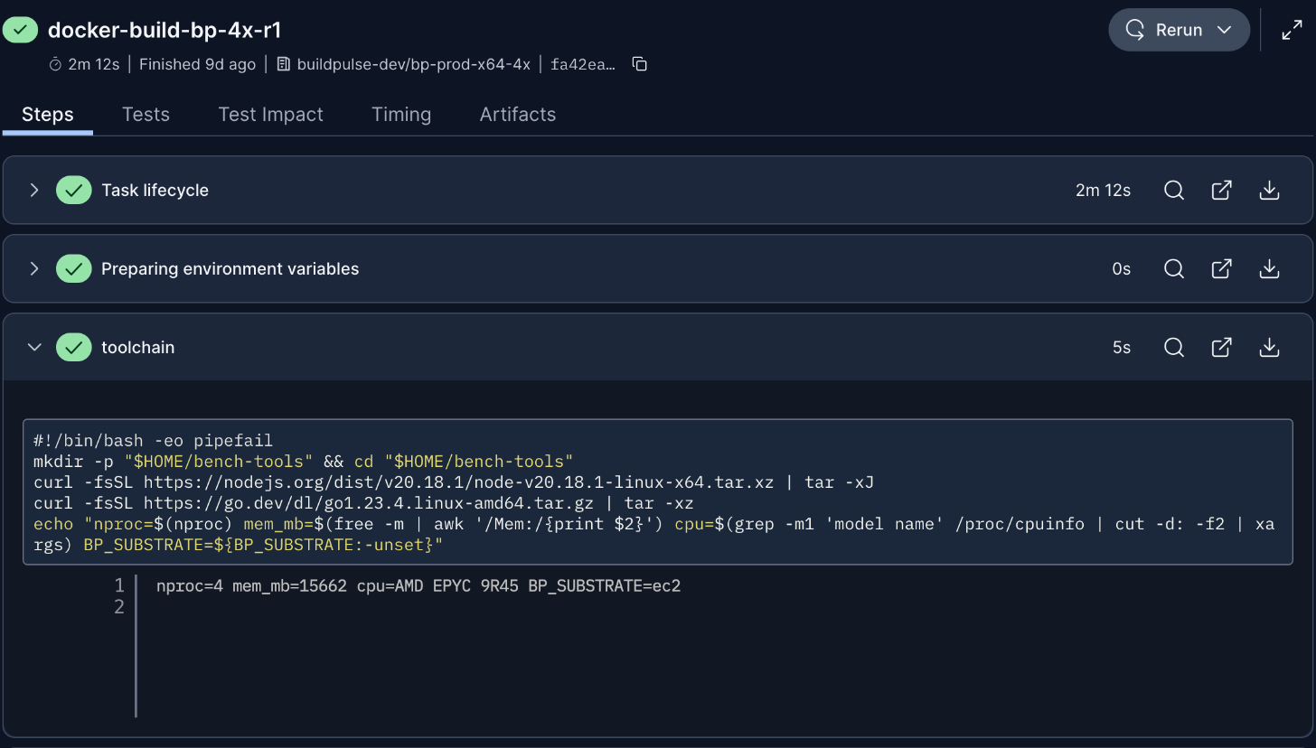 CircleCI job page for docker-build-bp-4x-r1 on resource class buildpulse-dev/bp-prod-x64-4x: 2m 12s, toolchain step printing nproc=4 and cpu=AMD EPYC 9R45